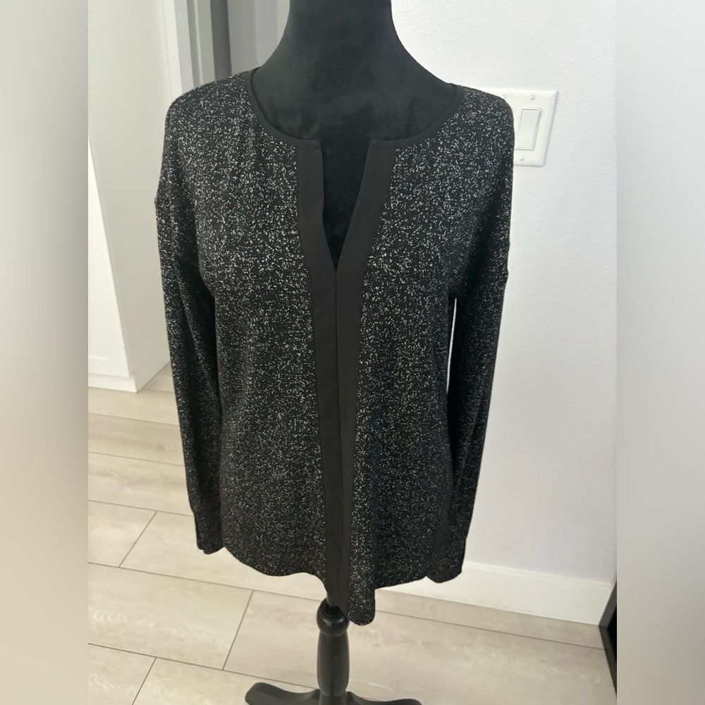 Sanctuary Glitter Top Black Metallic Split Neck Long Sleeve Nylon Blend#566